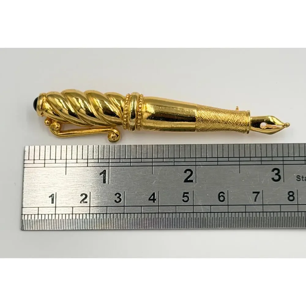 Vintage Fountain Pen Brooch Gold Toned Black Beaded Capped Brooch